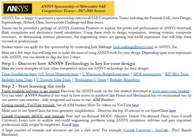 ANSYS Sponsorship of SAE Competition Teams