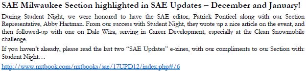 SAE Updates – SAE Milwaukee Section Highlighted