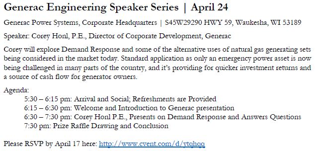Generac Engineering Speaker Series – April 24, 2018