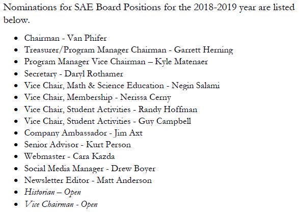 SAE Board Nominations, 2018-2019 Year